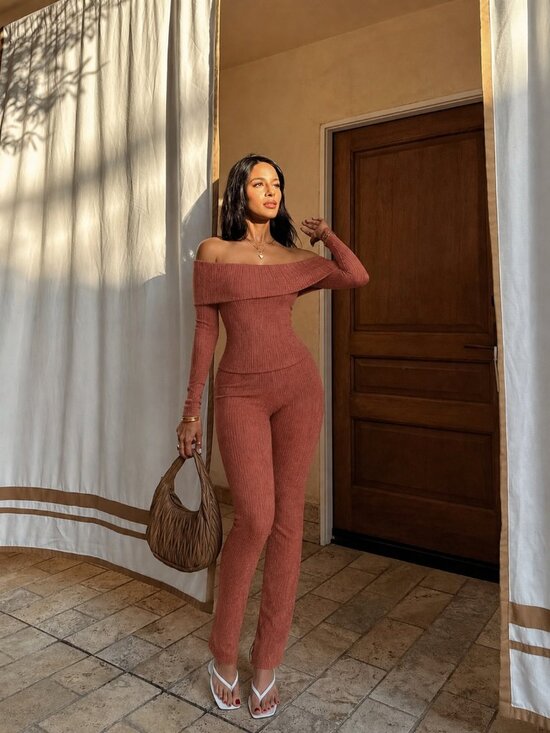 Fashion Nova Pants - Fashion Nova Rust Off Shoulder Pant Set 2 Piece Wide Leg Stretch Size Large